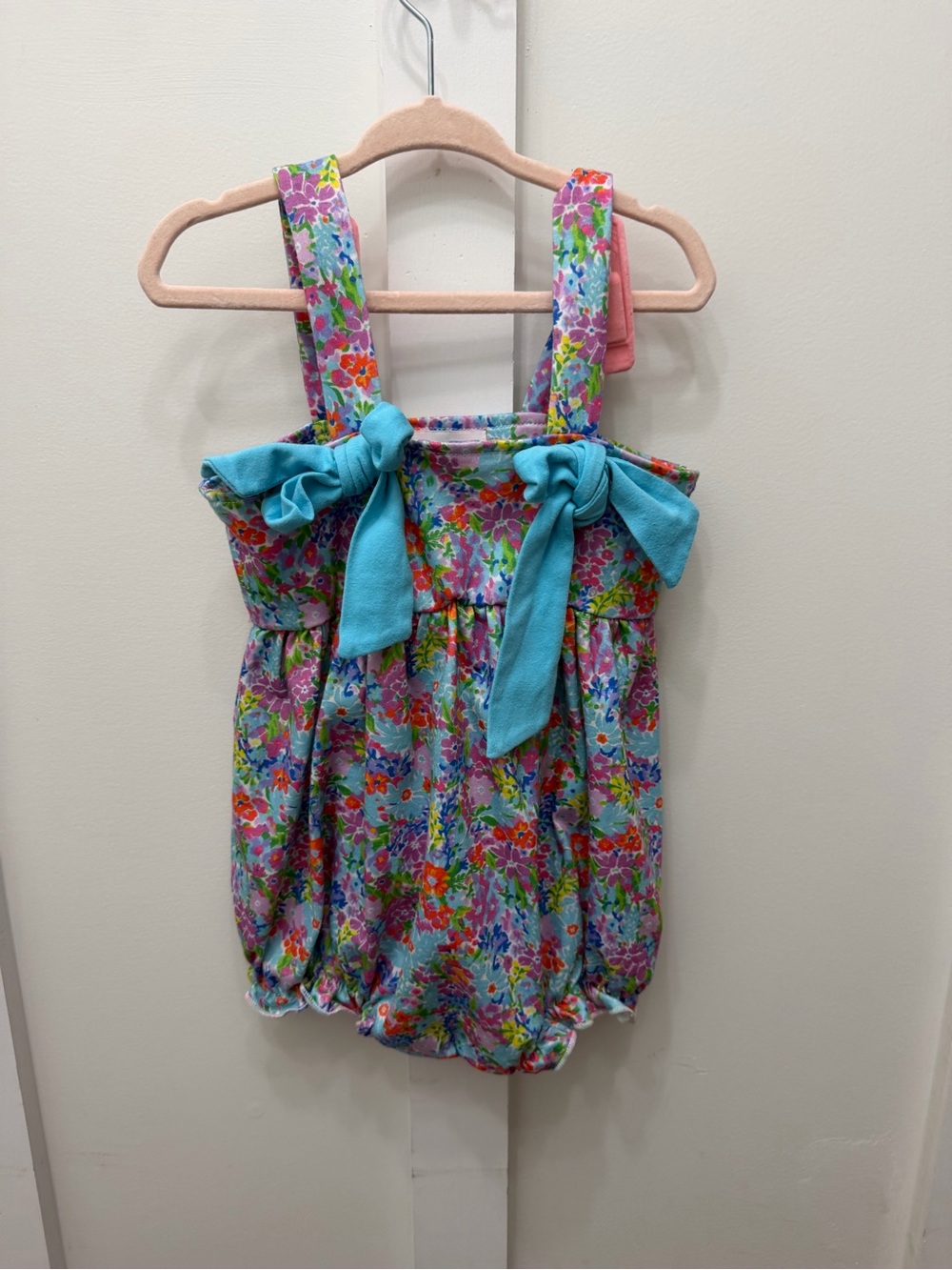 Just Peachy Floral Smocked Bubble Romper with Turquoise Bow Straps
